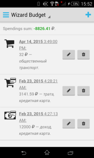 Скриншот отображения истории в виде списка