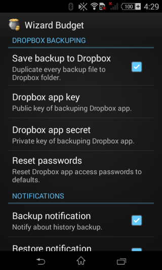 Скриншот настроек доступа к Dropbox