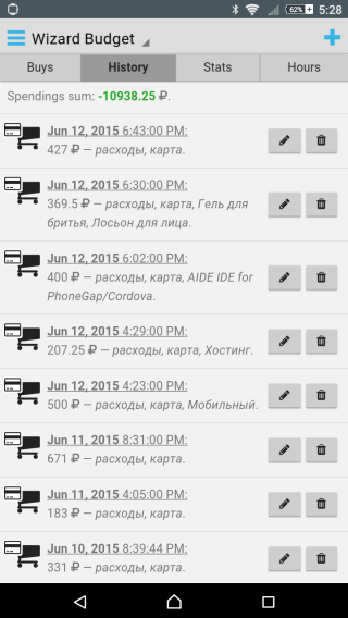 Скриншот списка трат