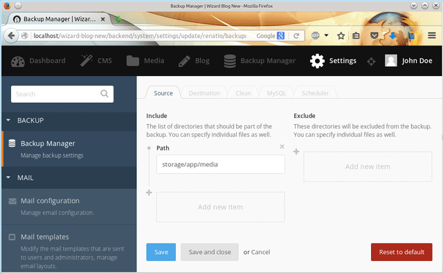 Settings of the backup manager