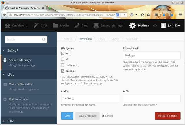 Settings of the backup manager