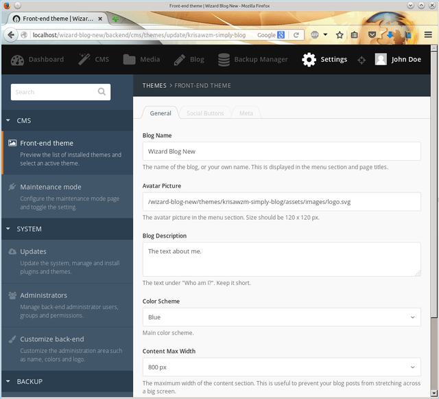 Settings of the frontend theme