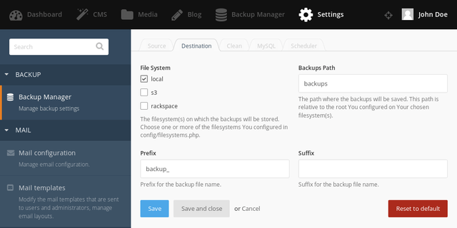 Settings of the backup manager